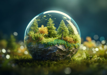 Ecosystem environment glass globe, love and save your our planet concept.AI Generativeの素材