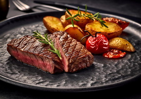 Black plate with grilled beef steak with potato wedges and cherry tomatoes in restaurant.AI Generative.の素材