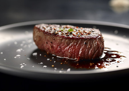 Grilled juicy beef fillet steak with herbs and spice on black table background.AI Generativeの素材