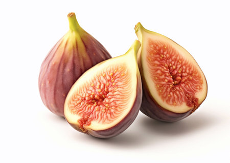 Sweet figs with juicy half on white background.AI Generativeの素材