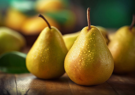 Ripe fresh pears on wooden table background.AI Generativeの素材