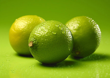 Fresh raw limes on green background.AI generativeの素材