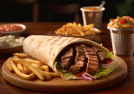 Shawarma doner kebab sandwich with chips.AI Generative.の素材