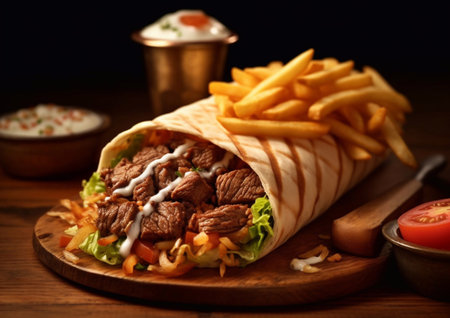 Shawarma doner kebab meal with french fries.AI Generative.の素材