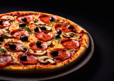 Pizza pepperoni with olives and mushrooms on black.AI Generativeの素材