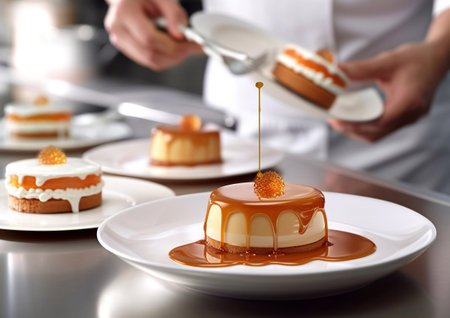 Professional cook arranging caramel dessert pastry.AI Generative.の素材
