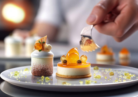 Fine dining perfect sweet dessert pastry on plate.AI Generative.の素材