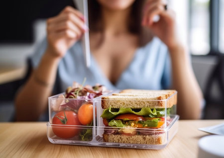 Girl in office with sandwich and vegetables in lunch box.AI Generativeの素材