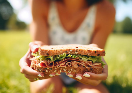 Girl's hands with healthy sandwich in the park picnic.AI Generativeの素材