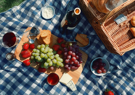 Summer picnic basket with blanket and snack in park.AI Generative.の素材