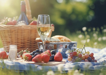 Glass of wine and and summer berries.Picnic lifestyle.AI Generativeの素材
