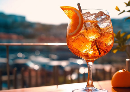 Spritz popular summer cocktail on table restaurant terrace.AI generativeの素材