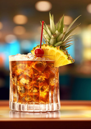 Mai tai exotic cocktail with straw,cherry and pineapple on bar counter.AI Generativeの素材