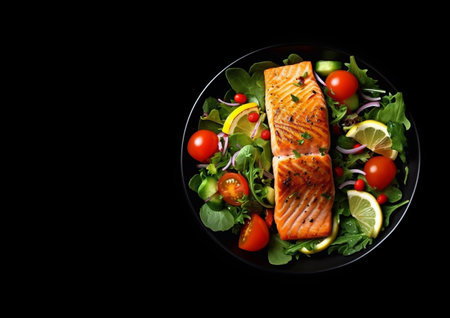 Grilled salmon steak with salad and tomatoes on black background.AI Generative.の素材