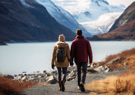 Young Couple walking down the road with mountains and large view.AI Generativeの素材