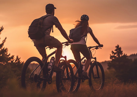 Young couple in mountains on bicycles watching sunset.AI Generativeの素材