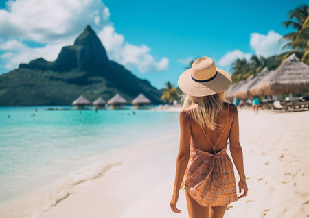 Woman in hat on the beach of blue ocean holiday resort.AI generative.の素材