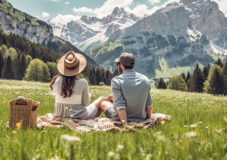 Young couple on picnic in green field with mountains view.AI Generativeの素材