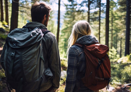 Young couple hiking in green summer forest on a day trip.Ai Generative.の素材