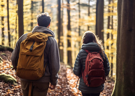 Young couple hiking in autumn forest with backpacks.Macro.Ai Generative.の素材