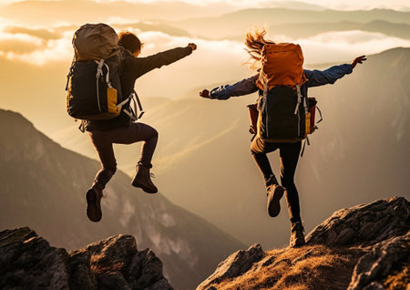 Happy couple celebrating reaching mountain peak.AI Generativeの素材