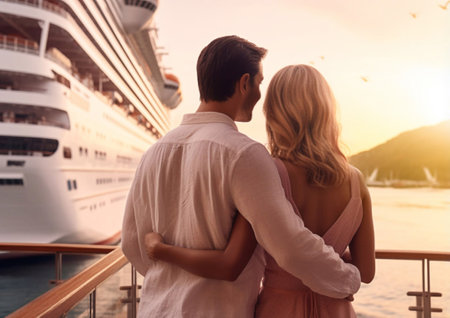 Romantic couple next to cruise ship on summer vacation holiday trip.AI Generative.の素材