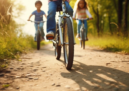 Kids riding bicycle on sunny summer day.AI Generativeの素材