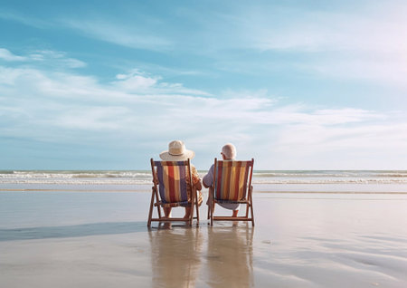 Mature couple on vacation seating on sun beds and looking at the ocean.AI Generativeの素材