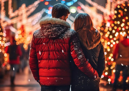 Young couple in large city with christmas decorations in romantic winter evening.Macro.AI Generative.の素材