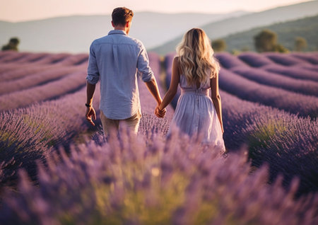 Young romantic couple walking in lavender fields.AI Generativeの素材