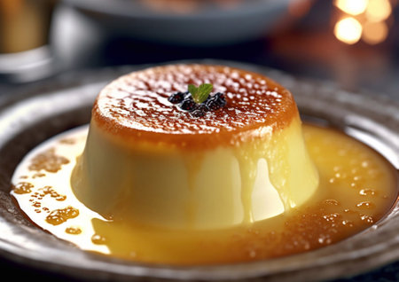Creamy custard pudding with sauce and brown sugar.AI generativeの素材