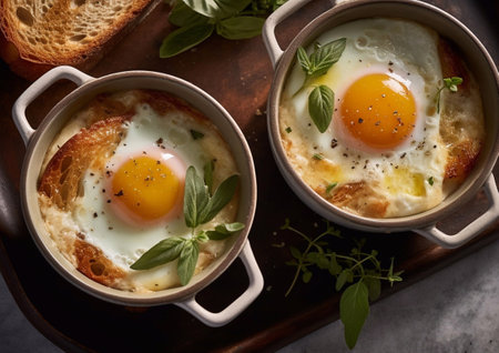 Baked eggs with pepper and herbs in pan with fresh bread.AI Generativeの素材