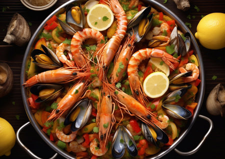 Pan with tasty classic seafood paella on table.Top view.Macro.AI Generative.の素材