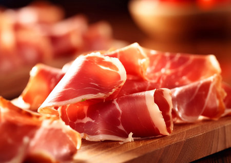 Slices of parma ham on wooden board.AI Generative.の素材