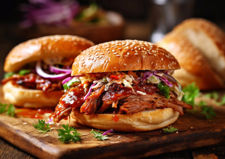 Pulled beef pork burgers with salad and barbeque sauce on table.AI Agenerativeの素材
