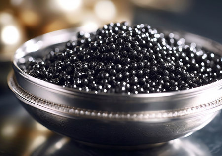 Premium black beluga caviar in silver bowl.Ai Generativeの素材