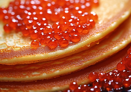 Red caviar on top of freshly baked pancakes.Ai Generativeの素材