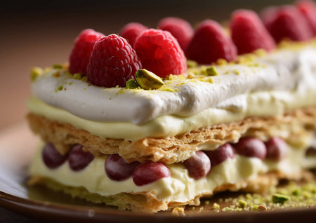 Cake dessert with pistachio cream and raspberry topping on plate.AI Generativeの素材