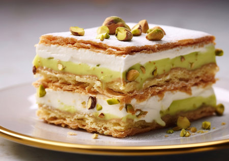 Slice of cake with vanilla cream and pistachio topping on plate.AI Generativeの素材
