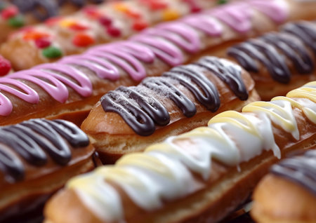 Selection of eclairs with cream and various candy toppings.AI Generativeの素材