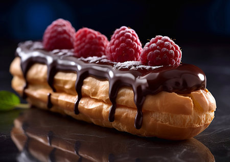 French eclairs with raspberry and chocolate topping on black.AI Generativeの素材