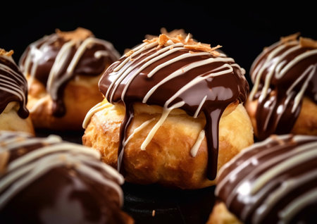 Cream puffs pastry with chocolate topping on black.AI Generativeの素材