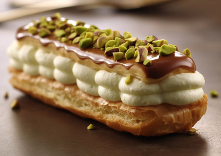 French eclairs with cream and pistachio topping.AI Generativeの素材