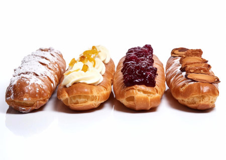 Selection of eclairs with dark chocolate and cream topping on white.AI Generativeの素材
