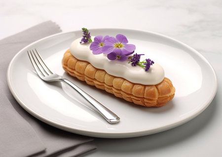 Lavender cream eclair on plate in fine dining restaurant.AI Generativeの素材