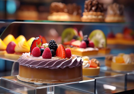 Assorted pastries,cakes,desserts in candy shop showcase.AI generativeの素材