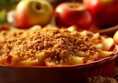 Crumble cake pie with fresh apples on table.AI generativeの素材