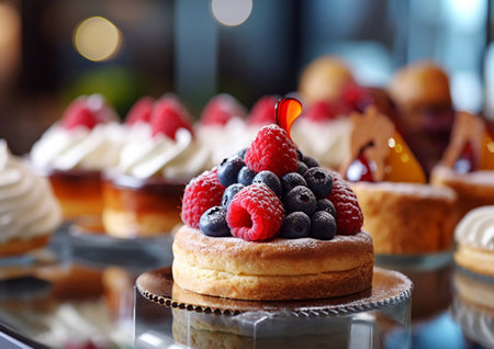 Various pastries with berries in cafe showcase.AI generativeの素材