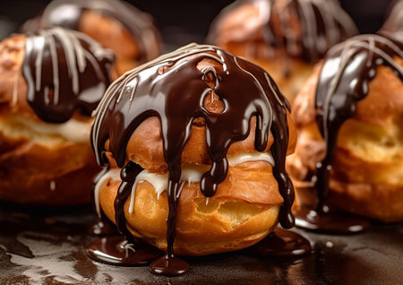 Cream puffs eclairs with chocolate topping on black.AI Generativeの素材