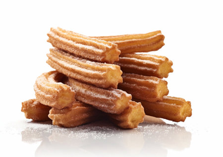 Churros pastry with sugar powder on white background.AI Generativeの素材